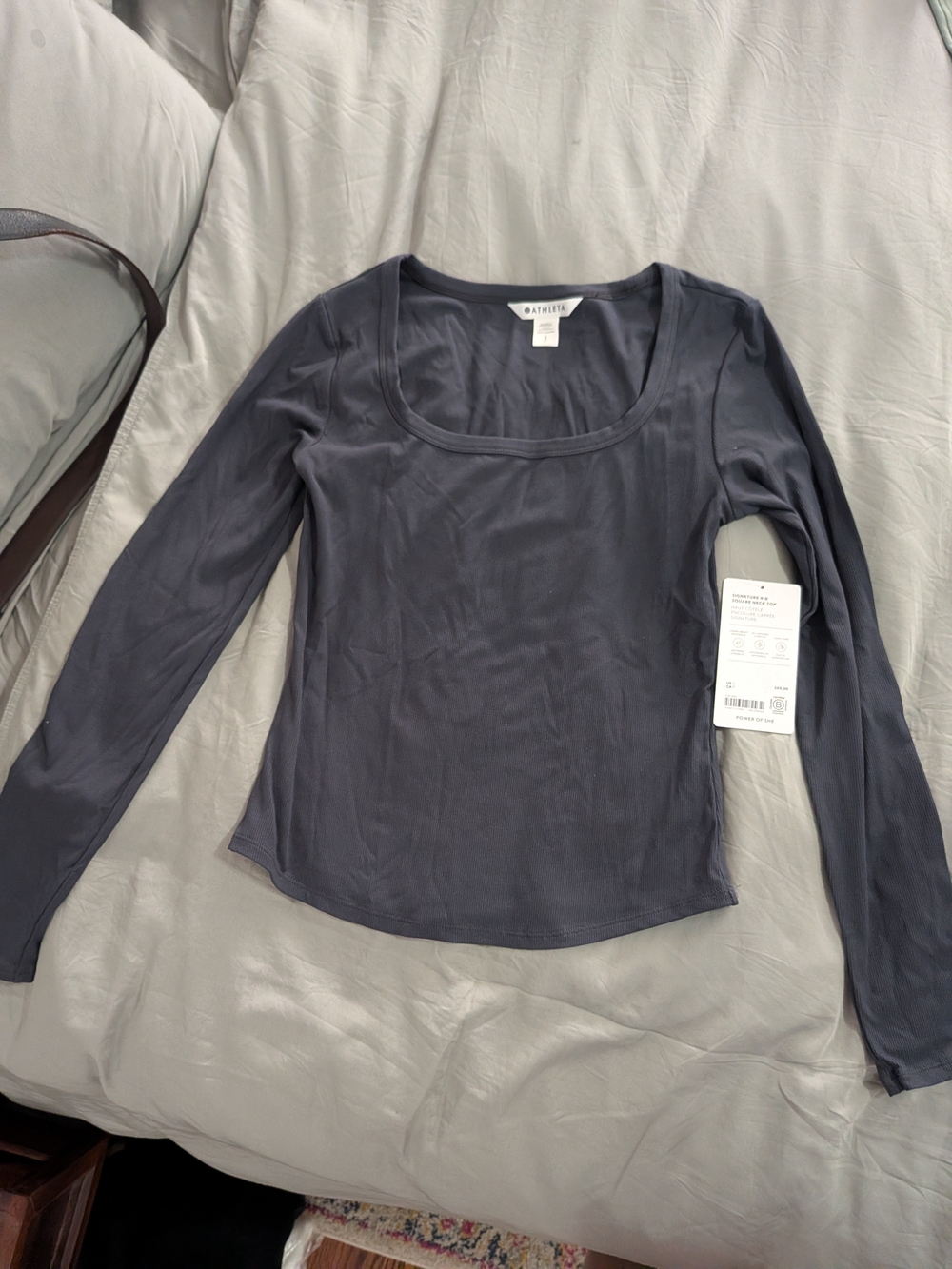 Athleta Long Sleeve Ribbed Square Neck Top — Charcoal, NWT, Size S